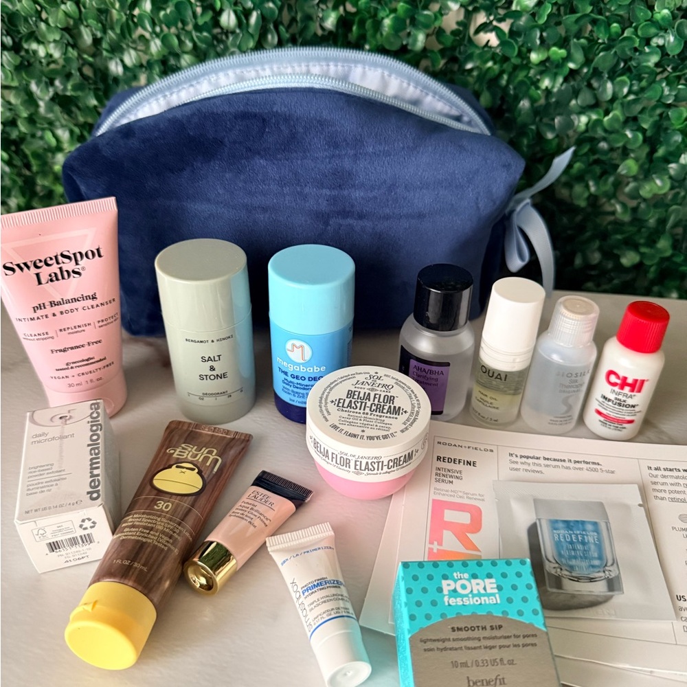 Navy Velvet Cosmetic Pouch with Assorted Travel Beauty Products